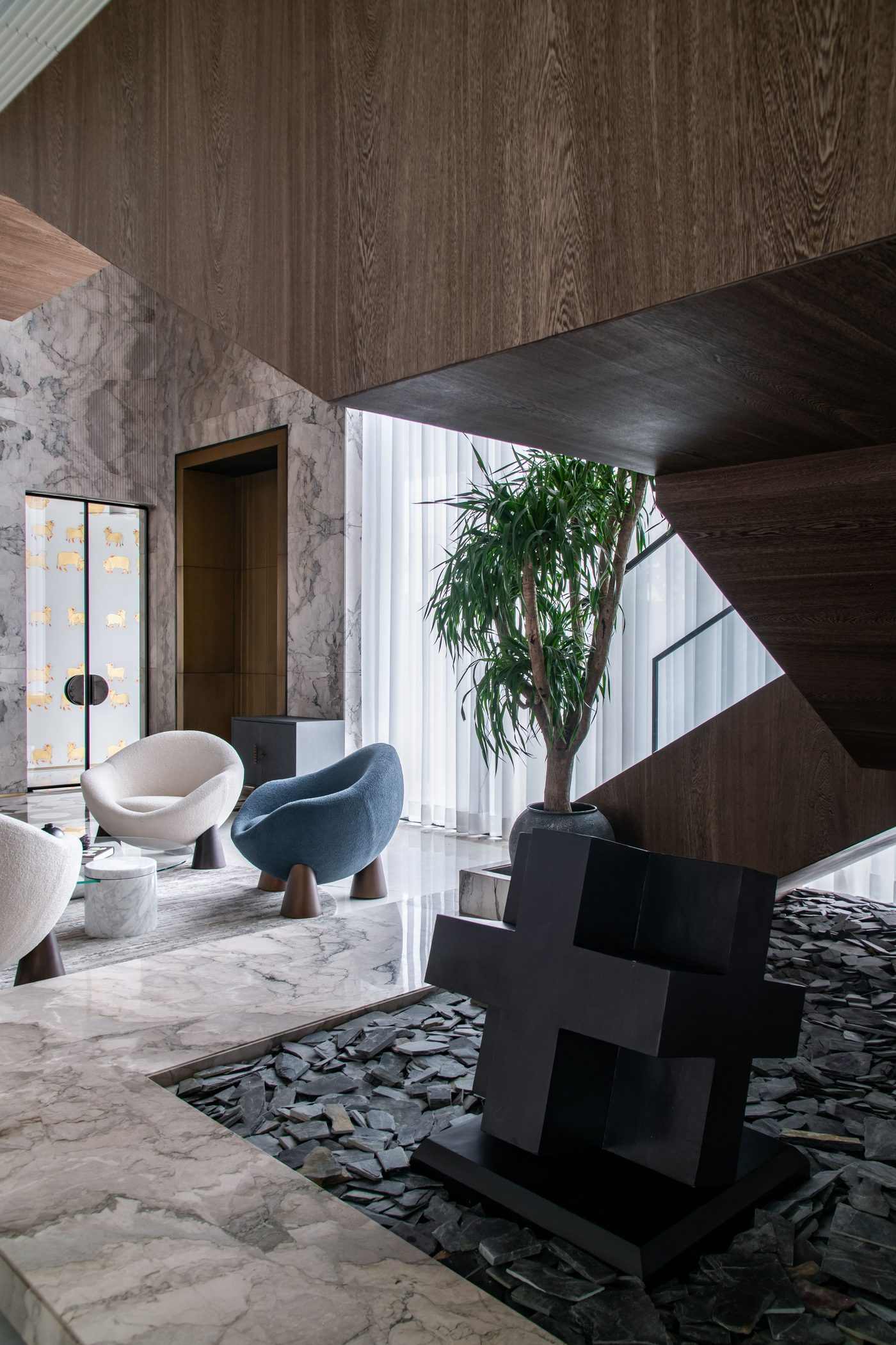 Sculptural wood interior detail