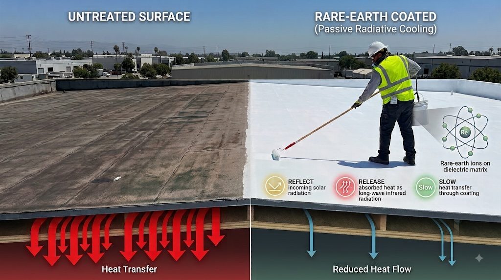 Rooftop comparison of an untreated surface versus rare-earth coated surface with passive radiative cooling