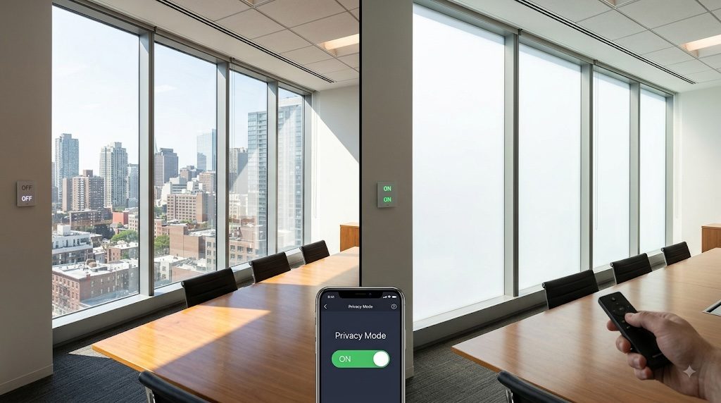 Conference room windows switching from clear to private with smart tint