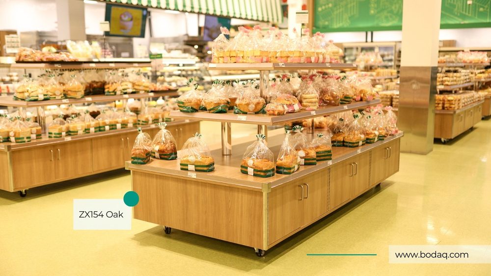 Grocery store fixtures finished with surface films