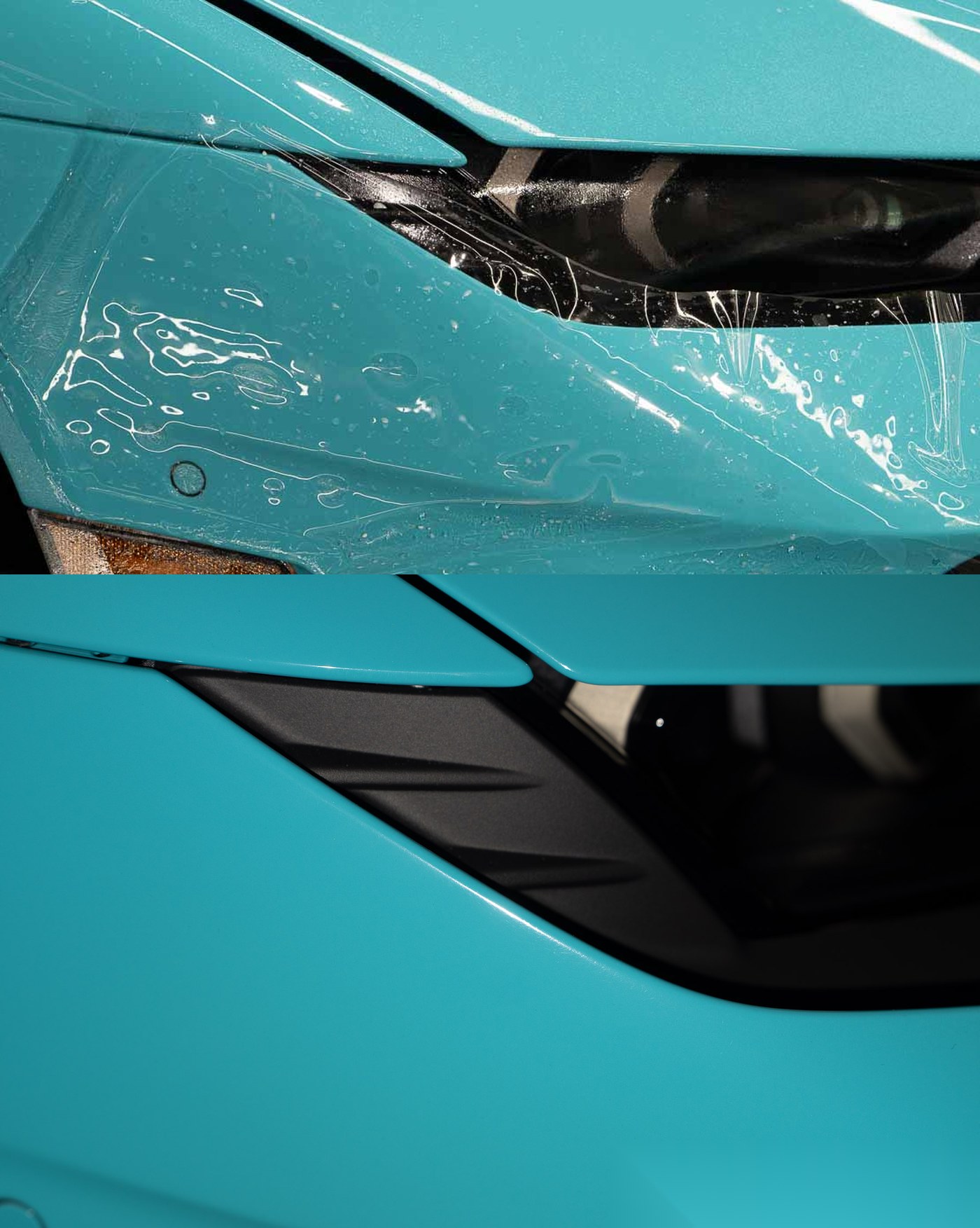 Paint protection film being applied to a front bumper, and the finished panel detail